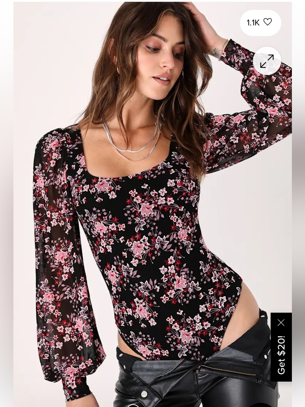 NWOT Lulus Flowering Charm Black Mesh Floral Print‎ Puff Sleeve Bodysuit Size M